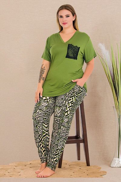 quilling Green Color and Pattern 11002 Short Sleeve Women Plus Size Mother Pajamas Set