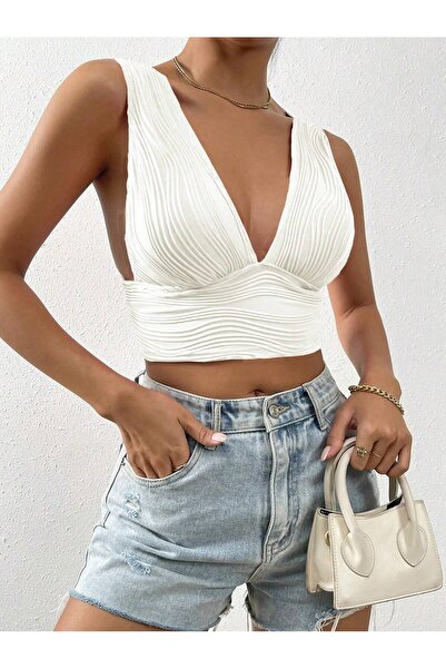 Wild Flower Λευκό κοντό μπλουζάκι με βαθύ λαιμό