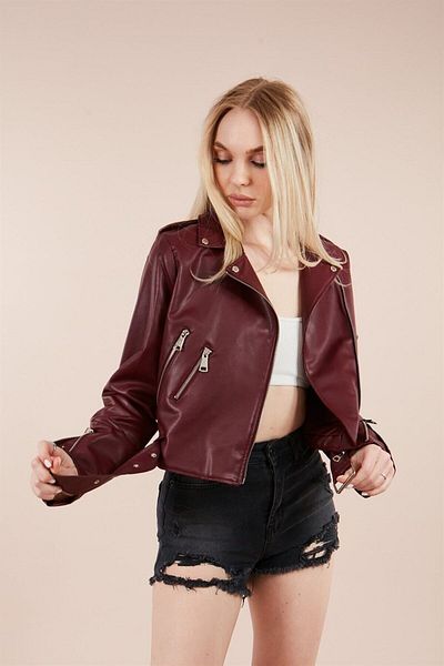 MEECY Burgunderrote Damen-Lederjacke