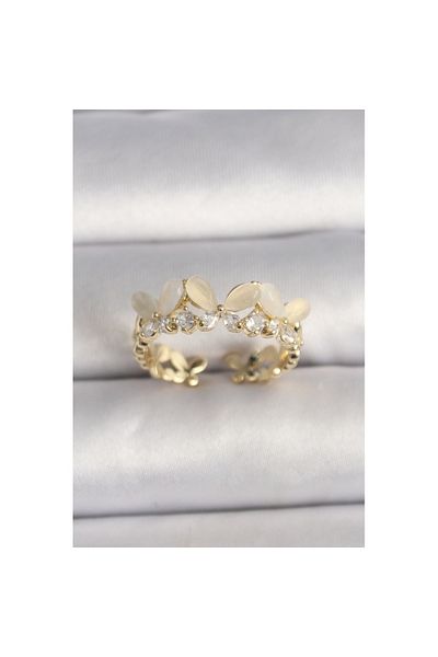 Skygo Brass Gold Color Zircon Stone Detailed White Enameled Butterfly Model Adjustable Ring - Tj-Byk3529