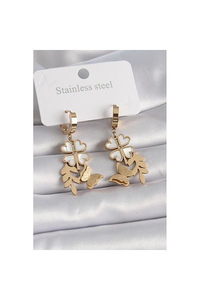 Skygo Gold Colored 316L Steel - White Pearlescent, Clover Lurex Butterfly Figured Women's Earrings - Tj-Bkp9566