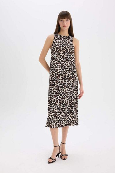 DeFacto New Season Leopard Print Round Neck Satin Sleeveless Midi Evening Dress