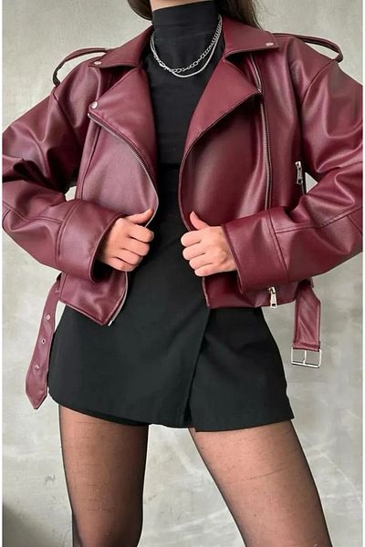 MEECY Übergroße Lederjacke mit Gürtel