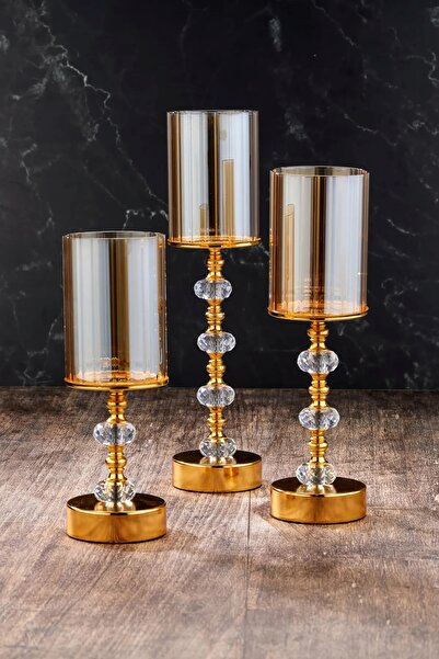 Besthırdavat Kristal Taşlı Ayaklı Gold Şamdan 3'lü Set