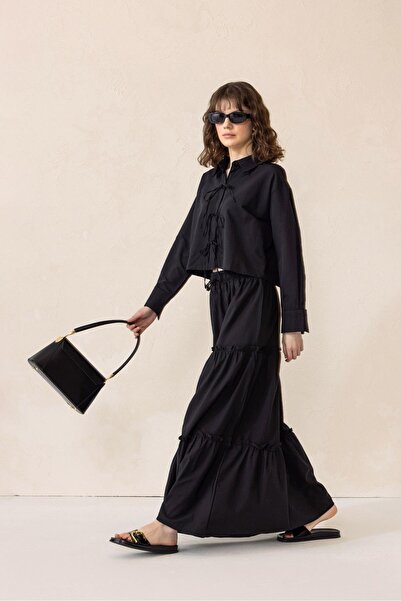 Olcay Csipke részletes pamut ing szoknya szett FEKETE 9315-TK