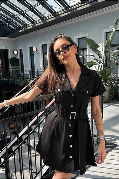 MEECY Γυναικείο μαύρο φόρεμα Gabardine με ζώνη