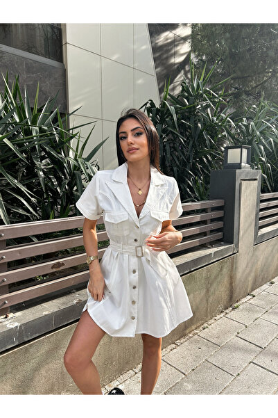 MEECY Rochie de damă din Gabardină albă cu curea