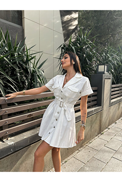 MEECY Rochie de damă din Gabardină albă cu curea