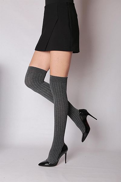 Daymod Rib Viscose Knee Socks ΜΑΥΡΟ ΓΚΡΙ
