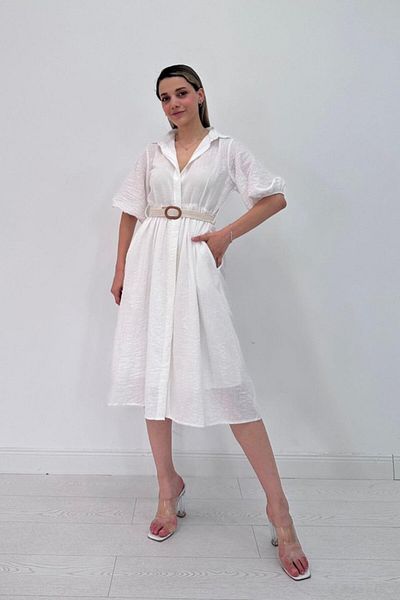 modaserdem White Hidden Placket Collar Dress