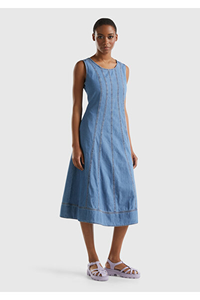 United Colors of Benetton Kadın Mavi Pamuk Karışımlı Dekoratif Dikişli Fermua...