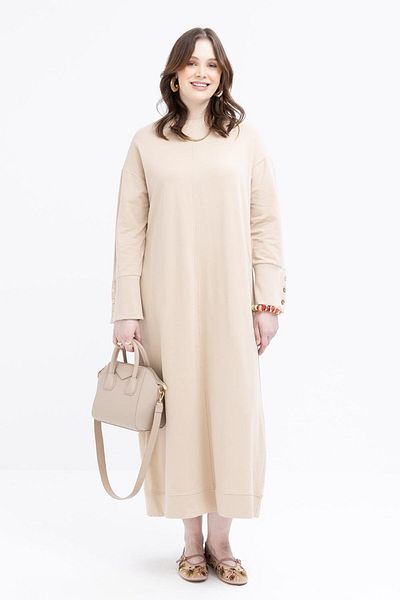ALLDAY Beige-Cuff Thick Ribbed Button Detail Large Size Dress