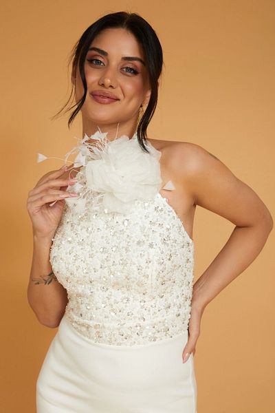 ANKYRA Halter Neck Sequin Fish Cut Evening Dress 25Y3605