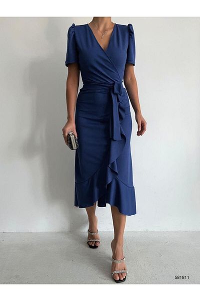 Emirela Double Breasted Collar Short Sleeve Flounced Belted Midi Length Dress Navy Blue 581811