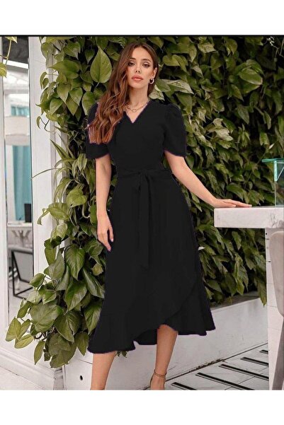 Emirela KRUVAZE YAKA KISA KOL VOLANLI KUŞAKLI MİDİ BOY ELBİSE SİYAH 581811