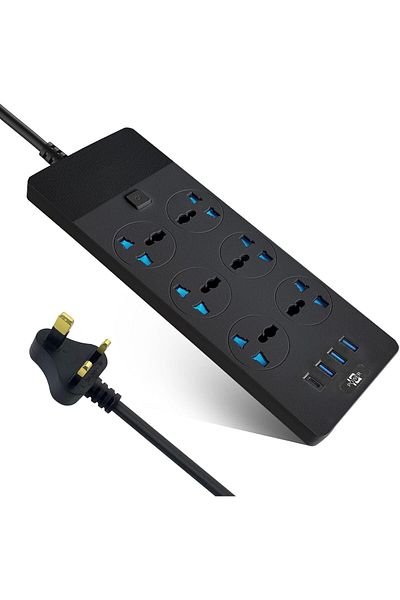 Buy and Bill كابل تمديد الطاقة، 6 منافذ، قابس المملكة المتحدة، محول قابس عالمي مع 3 منافذ USB و1 من النوع C