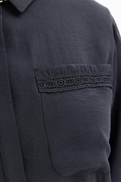 ALLDAY Μαύρο ριγέ δαντέλα με λεπτομέρειες Plus Size Modal πουκάμισο