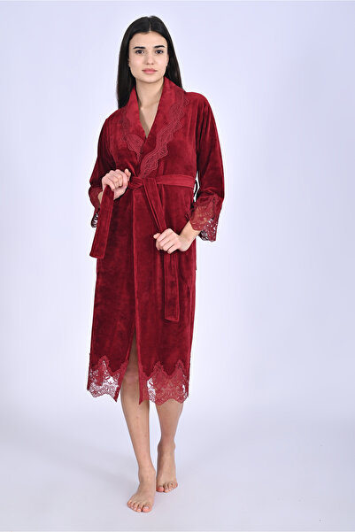 Nuşa Shawl Collar Lace Niki Velvet Bamboo Cotton Dressing Gown