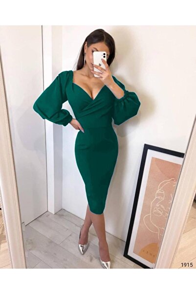 Emirela kruvaze yaka Balon Kol Ithal Krep Kumaş Midi Boy elbise