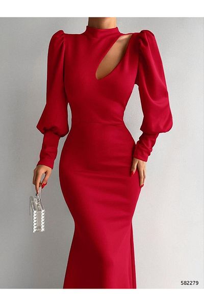 Emirela Crew Neck Balloon Long Sleeve Chest Detail Imported Scuba Fabric Maxi Length Evening Dress