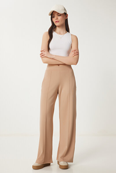 Lovelyİstanbul Yüksek Bel Scuba Palazzo Pantolon KOYU BEJ LBF0011