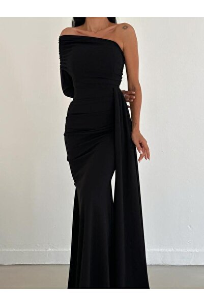 Modafeminen TEK KOL STRAPLEZ YAKA ABİYE ELBİSE