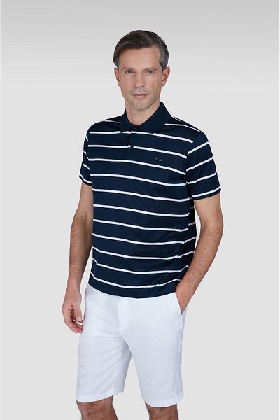 PAUL&SHARK Men's Regular Fit Striped Metallic Logo 100% Cotton Short Sleeve White-Navy Blue Polo Collar T-Shirt 25