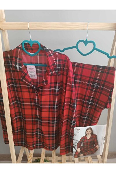 Nuvella Battal Kırmızı kareli süet dokulu yumuşak gömlek yaka pijama takımı