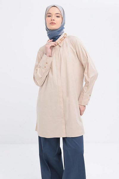 ALLDAY Πουκάμισο Lycra Poplin με μπεζ μανσέτα με λεπτομέρεια σχισμής