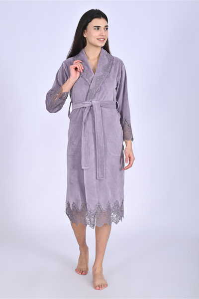Nuşa Şal yaka Dantelli Niki Kadife Bambu Cotton Sabahlık