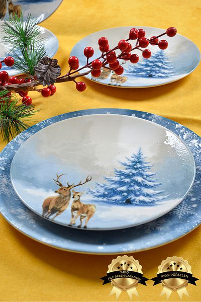 Heda Porselen Blue Deer 7 Piece Porcelain Cake Plate Set