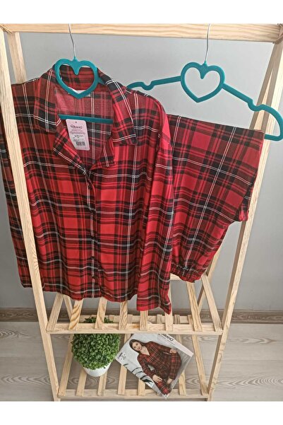 Nuvella Battal Kırmızı kareli süet dokulu yumuşak gömlek yaka pijama takımı