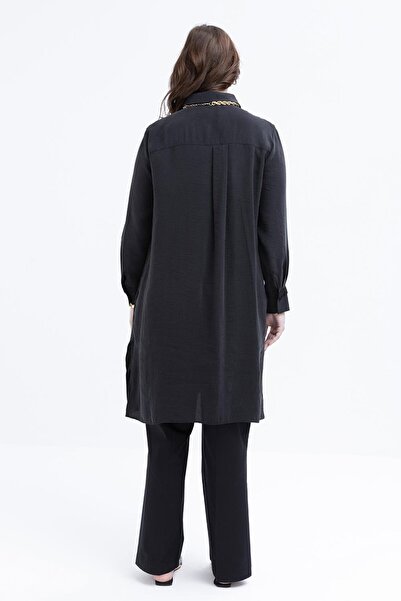 ALLDAY Μαύρο ριγέ δαντέλα με λεπτομέρειες Plus Size Modal πουκάμισο