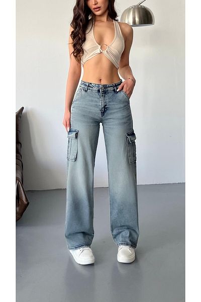 BİKELİFE Vintage-Cargohose für Damen mit hoher Taille - Blasser Effekt, weites Bein