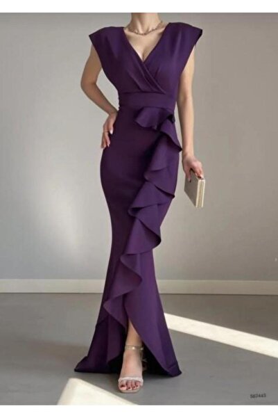 Emirela Γυναικείο μωβ κρεπ ύφασμα με διπλό στήθος φούστα με λαιμόκοψη βραδινό φόρεμα αποφοίτησης νυφικό