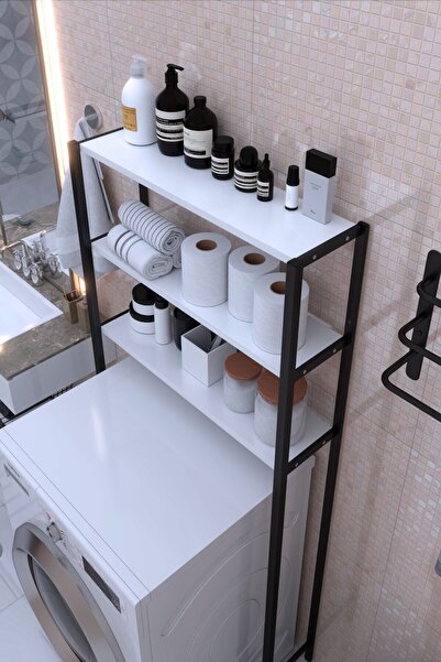 DizaynMotion Çamaşır Makinesi Üstü Düzenleyici Raf Banyo Rafı Makina Üstü Çok Amaçlı Dolap - BEYAZ
