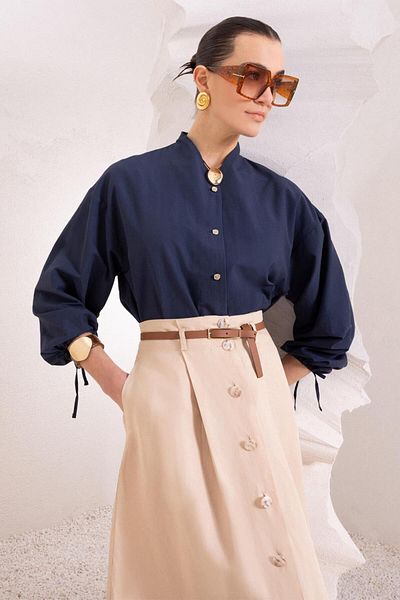 ALLDAY Indigo-Buttoned Shirt with Gathered Sleeves