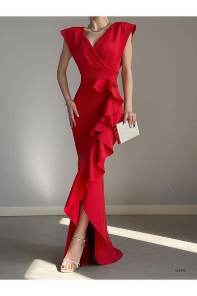 Modafeminen Women's Black Crepe Fabric Double Breasted Neckline Skirt Flounced Evening Dress Graduation Wedding Dress
