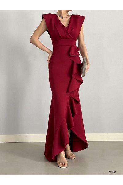 Modafeminen Women's Burgundy Crepe Fabric Double Breasted Neckline Skirt Flounced Evening Dress Graduation Wedding Dress