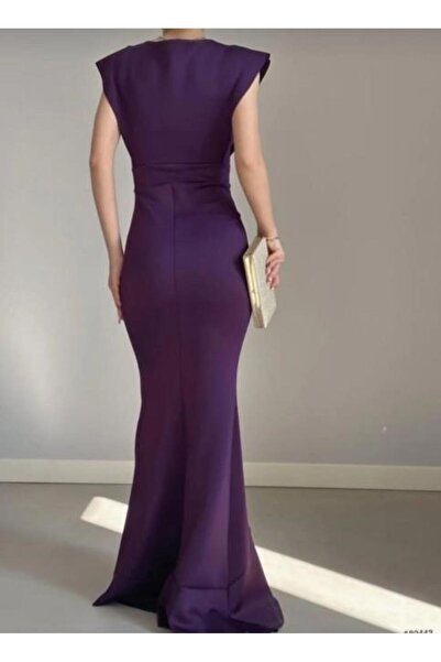 Emirela Γυναικείο μωβ κρεπ ύφασμα με διπλό στήθος φούστα με λαιμόκοψη βραδινό φόρεμα αποφοίτησης νυφικό