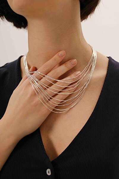 Söğütlü Silver Gümüş özel tasarımlı modern görünümlü 10 sıralı kat kat likit kolye SGTL12806GUMUS
