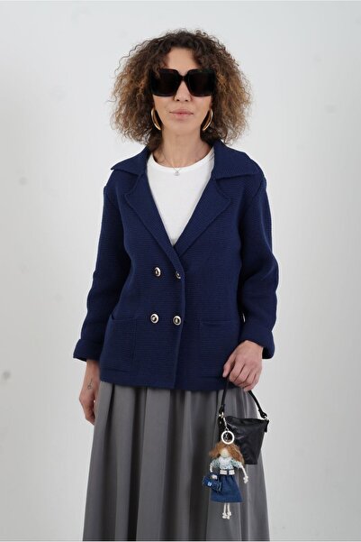 Zelish My Sister Πλεκτό παλτό Navy Blue Steel