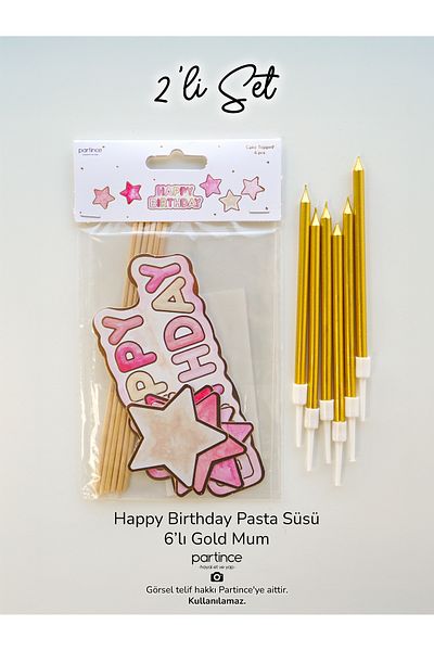 partince Σετ με 2 ροζ θέμα Happy Birthday Cake Topper και 6 τεμάχια μεταλλικό μακρύ χρυσό κερί στολίδι για τούρτα γενεθλίων