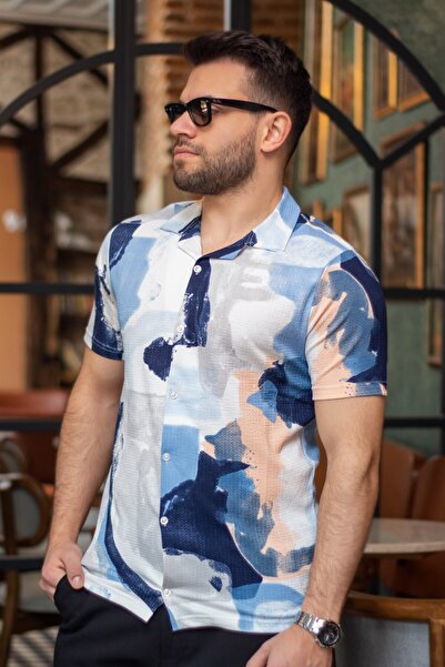 Azıcık Akıllı Men's Light Blue White Pattern Flexible Wrap Regular Fit Short Sleeve Shirt 25Egmlgımm