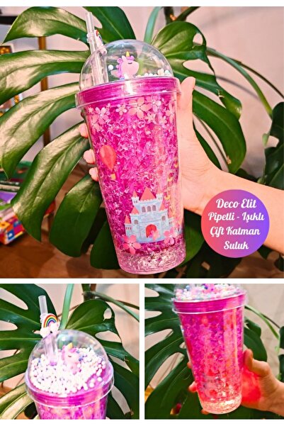 BiTon Toptan Çiçekli Şato Temalı Suluk Pipetli Buzlu Cam Görünümlü Led Işıklı...