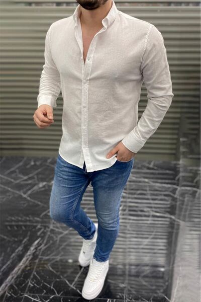 TUNAHAN ERKEK GİYİM قميص Slimfit Cut للرجال من الكتان بنمط عادي - أبيض