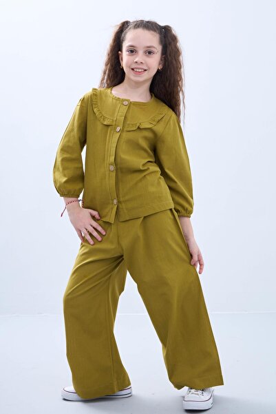 Perendi Green Linen Girl's Set - Wide Leg Seasonal