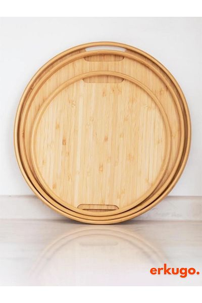 ERKUGO 3-Piece Bamboo Round Tray, Serving Trays, Nordic Tray Set, Tea Tray