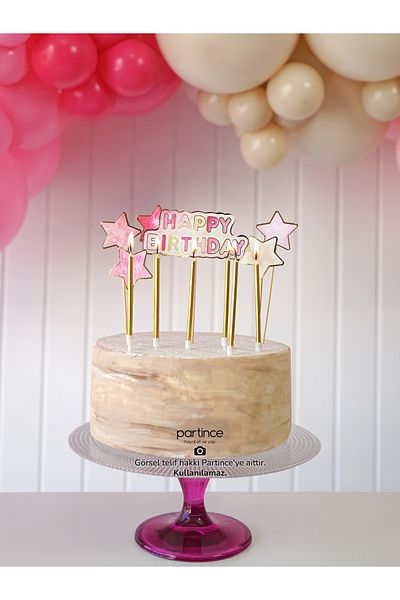 partince Σετ με 2 ροζ θέμα Happy Birthday Cake Topper και 6 τεμάχια μεταλλικό μακρύ χρυσό κερί στολίδι για τούρτα γενεθλίων