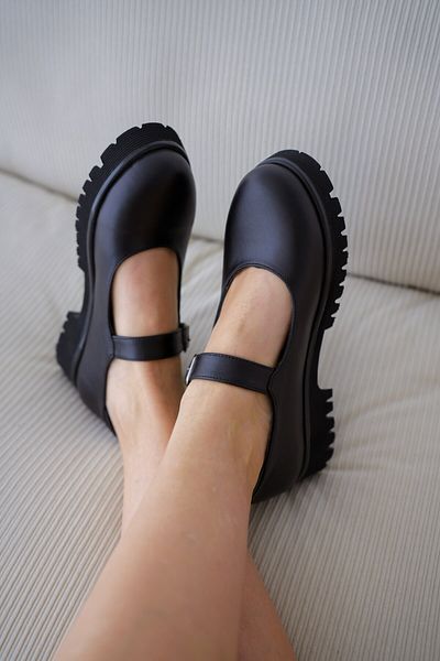 selinshoes Women's Loafer Shoes with Tape Detailed Buckle - Black Leather
